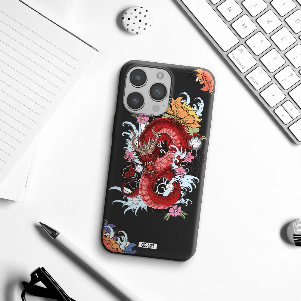 a red dragon with flowers and clouds Apple iPhone 14 pro Silicone black Case