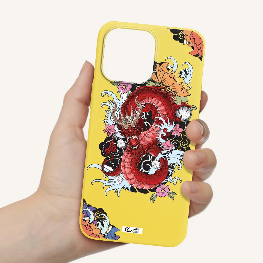 a red dragon with flowers and clouds Apple iPhone 14 pro Silicone canary yellow Case