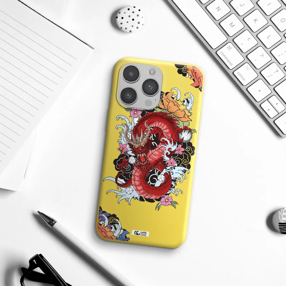 a red dragon with flowers and clouds Apple iPhone 14 pro Silicone canary yellow Case