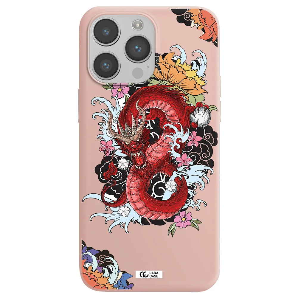 a red dragon with flowers and clouds Apple iPhone 14 pro Silicone pastel pink Case