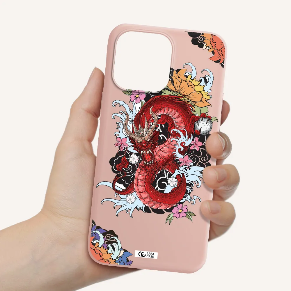 a red dragon with flowers and clouds Apple iPhone 14 pro Silicone pastel pink Case