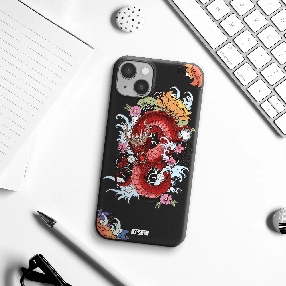 a red dragon with flowers and clouds Apple iPhone 14 Silicone black Case