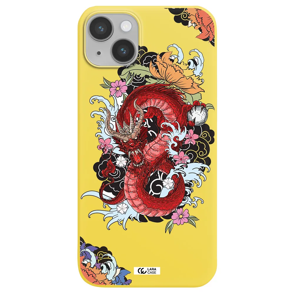 a red dragon with flowers and clouds Apple iPhone 14 Silicone canary yellow Case