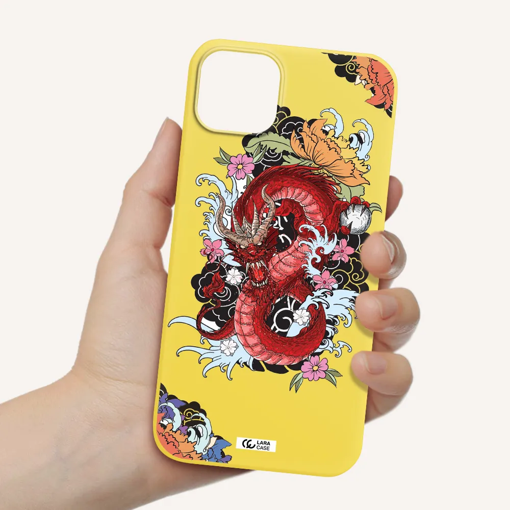 a red dragon with flowers and clouds Apple iPhone 14 Silicone canary yellow Case