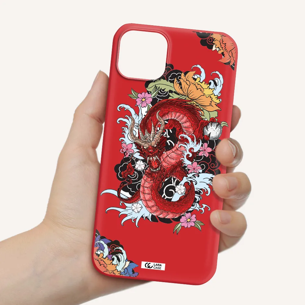 a red dragon with flowers and clouds Apple iPhone 14 Silicone Imperial Red Case