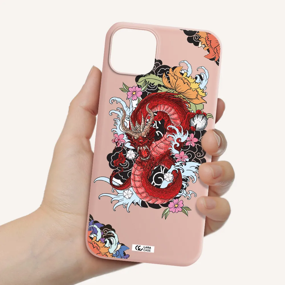 a red dragon with flowers and clouds Apple iPhone 14 Silicone pastel pink Case