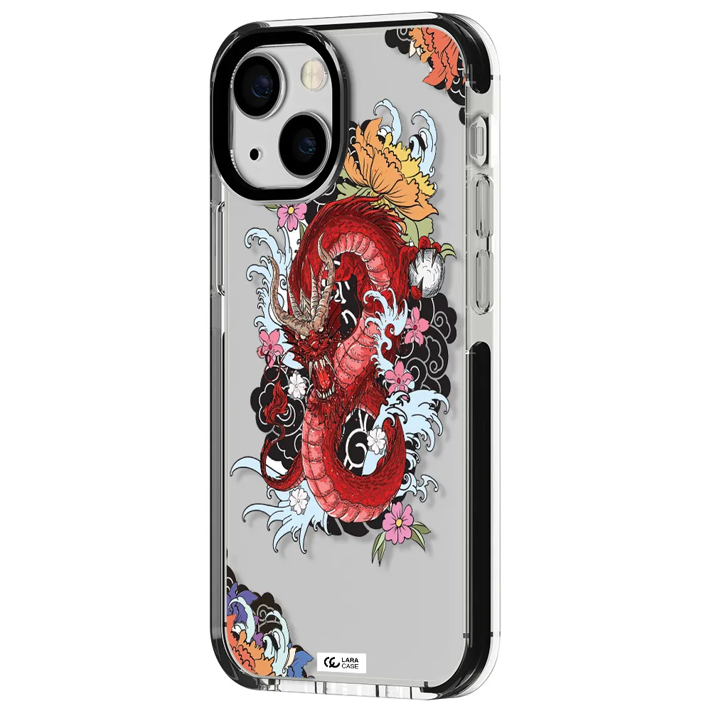 a red dragon with flowers and clouds Apple iPhone 15 impact black border Case