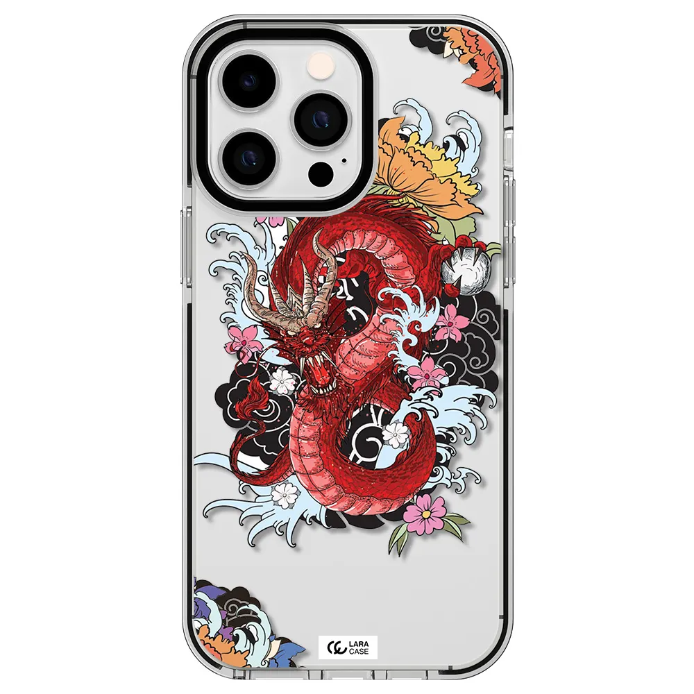 a red dragon with flowers and clouds Apple iPhone 15 Pro impact black border Case