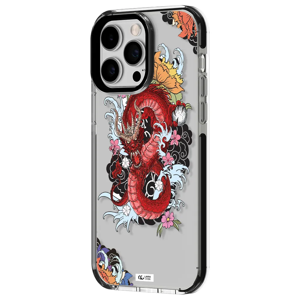 a red dragon with flowers and clouds Apple iPhone 15 Pro Max impact black border Case