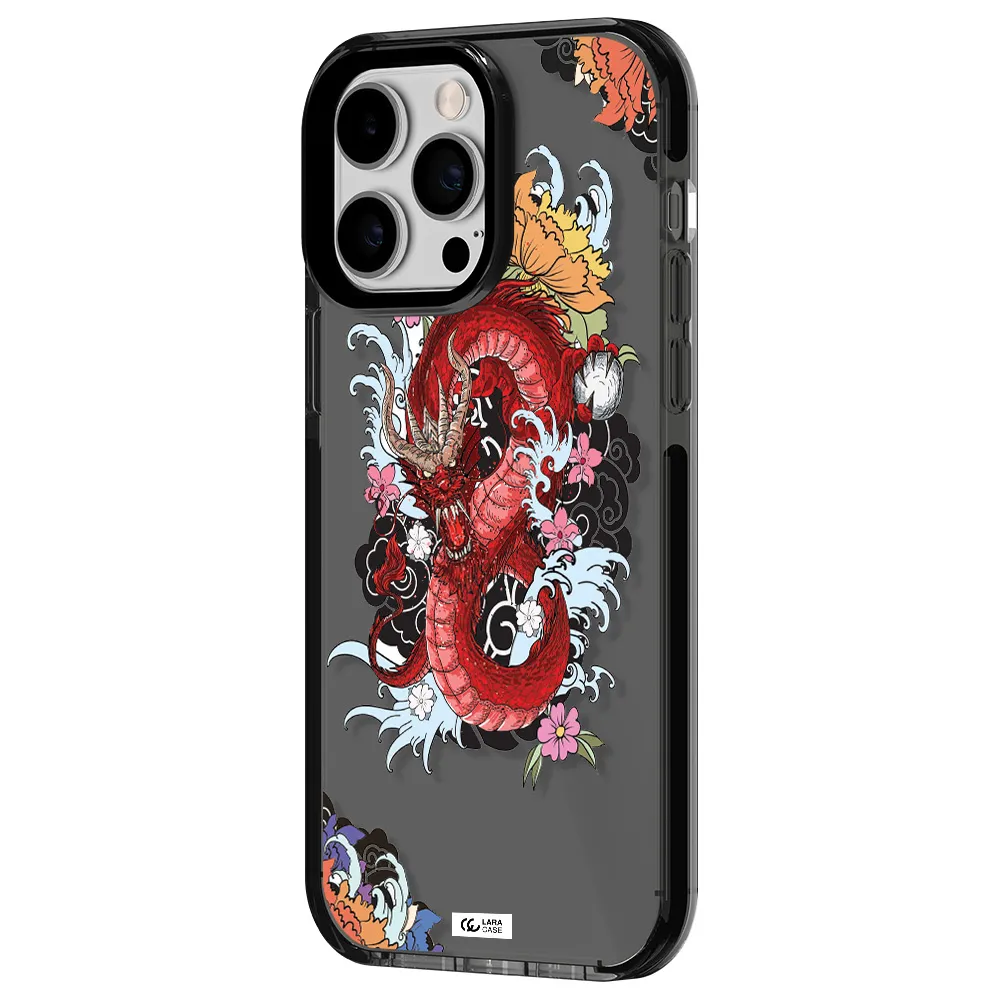 a red dragon with flowers and clouds Apple iPhone 15 Pro Max impact Smoke Black Case