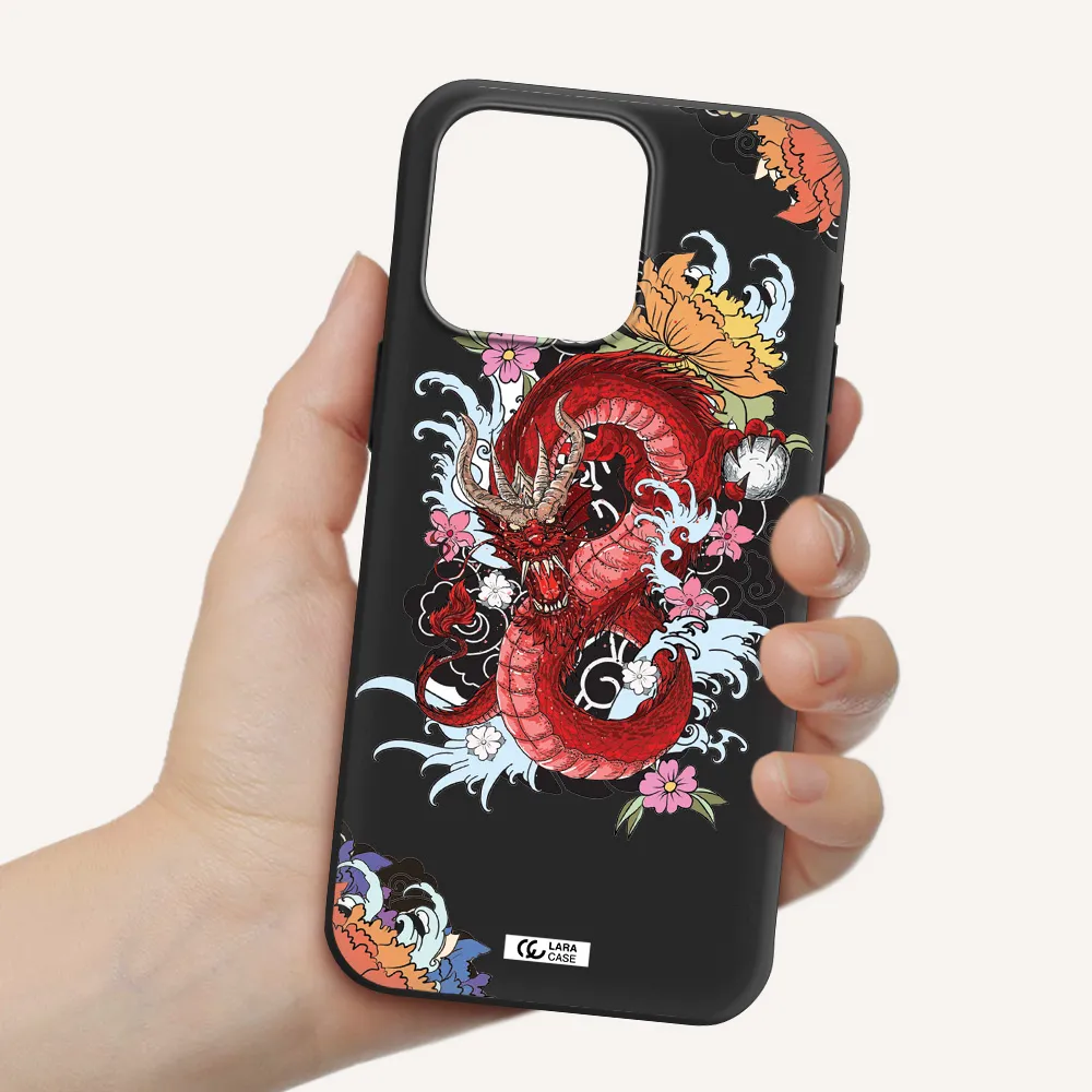 a red dragon with flowers and clouds Apple Iphone 15 Pro max Silicone black Case