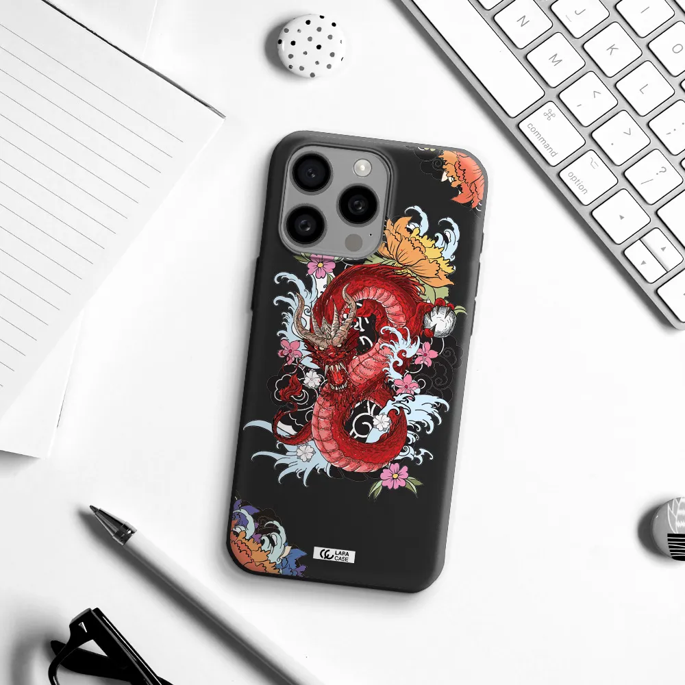 a red dragon with flowers and clouds Apple Iphone 15 Pro max Silicone black Case