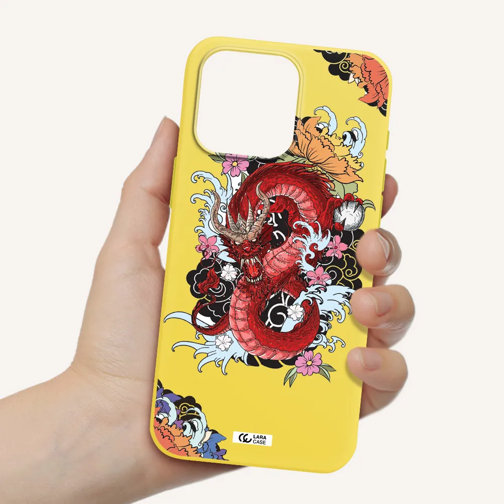 a red dragon with flowers and clouds Apple Iphone 15 Pro max Silicone canary yellow Case