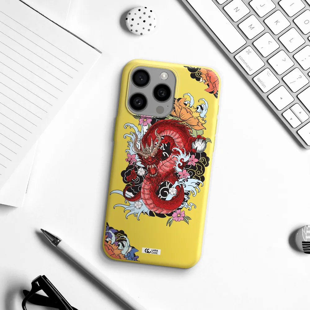 a red dragon with flowers and clouds Apple Iphone 15 Pro max Silicone canary yellow Case