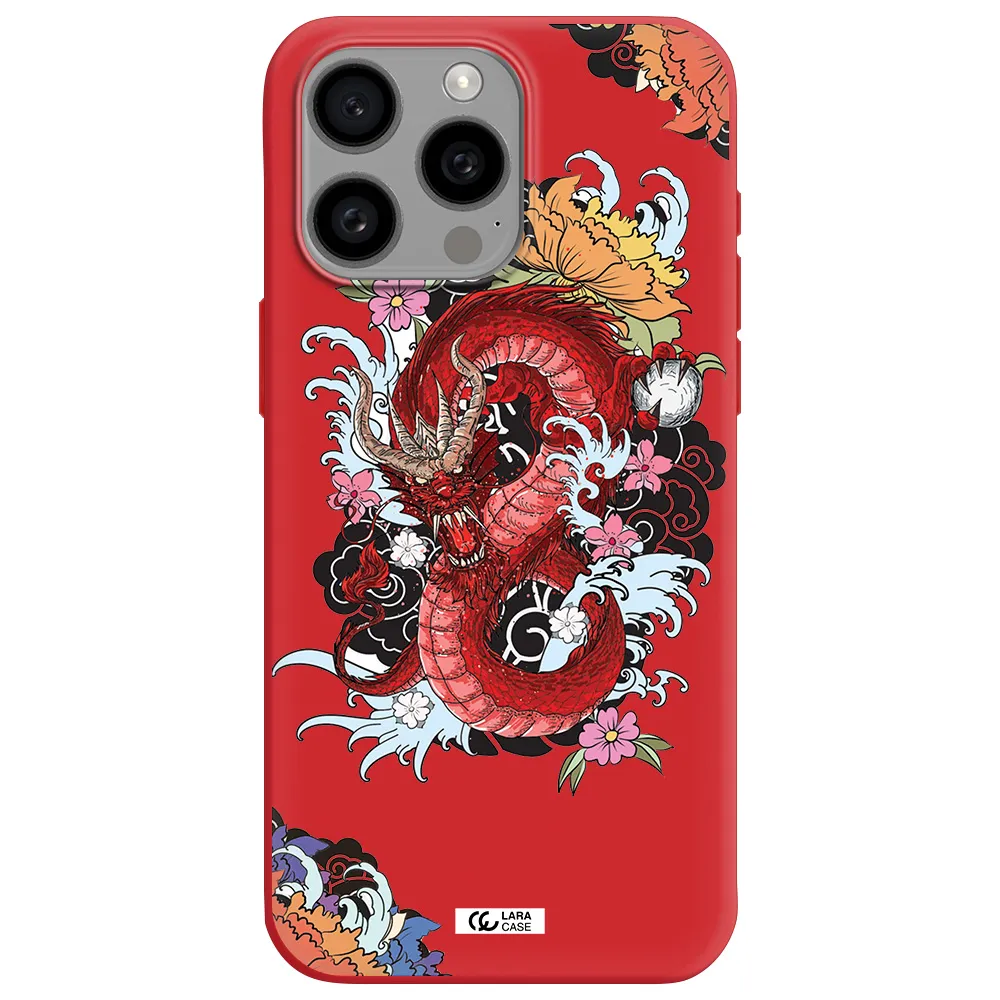 A Red Dragon With Flowers And Clouds Apple Iphone 15 Pro Max Silicone Imperial Red Case