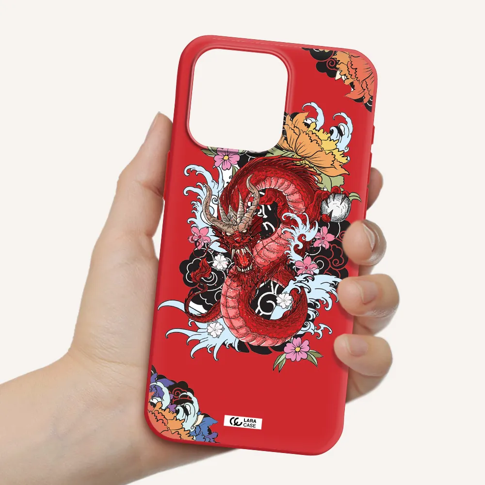 A Red Dragon With Flowers And Clouds Apple Iphone 15 Pro Max Silicone Imperial Red Case
