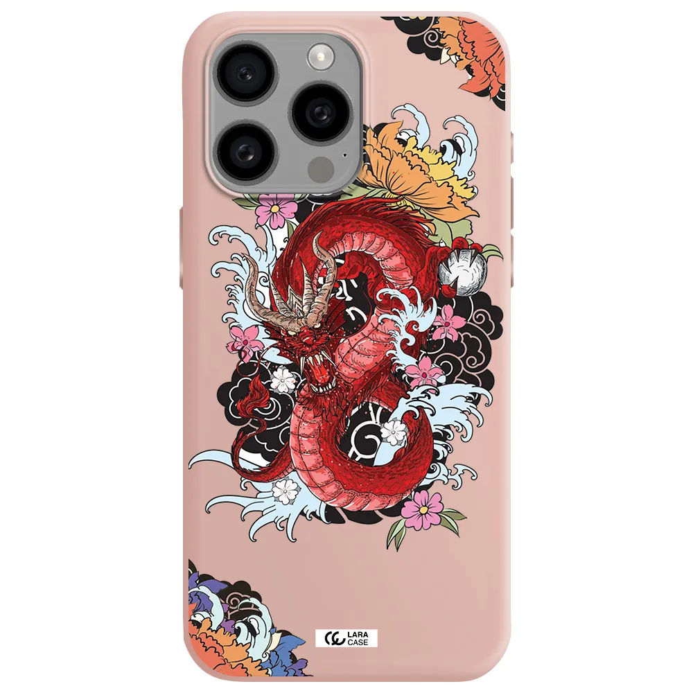 a red dragon with flowers and clouds Apple Iphone 15 Pro max Silicone pastel pink Case