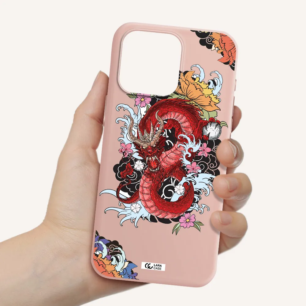 a red dragon with flowers and clouds Apple Iphone 15 Pro max Silicone pastel pink Case