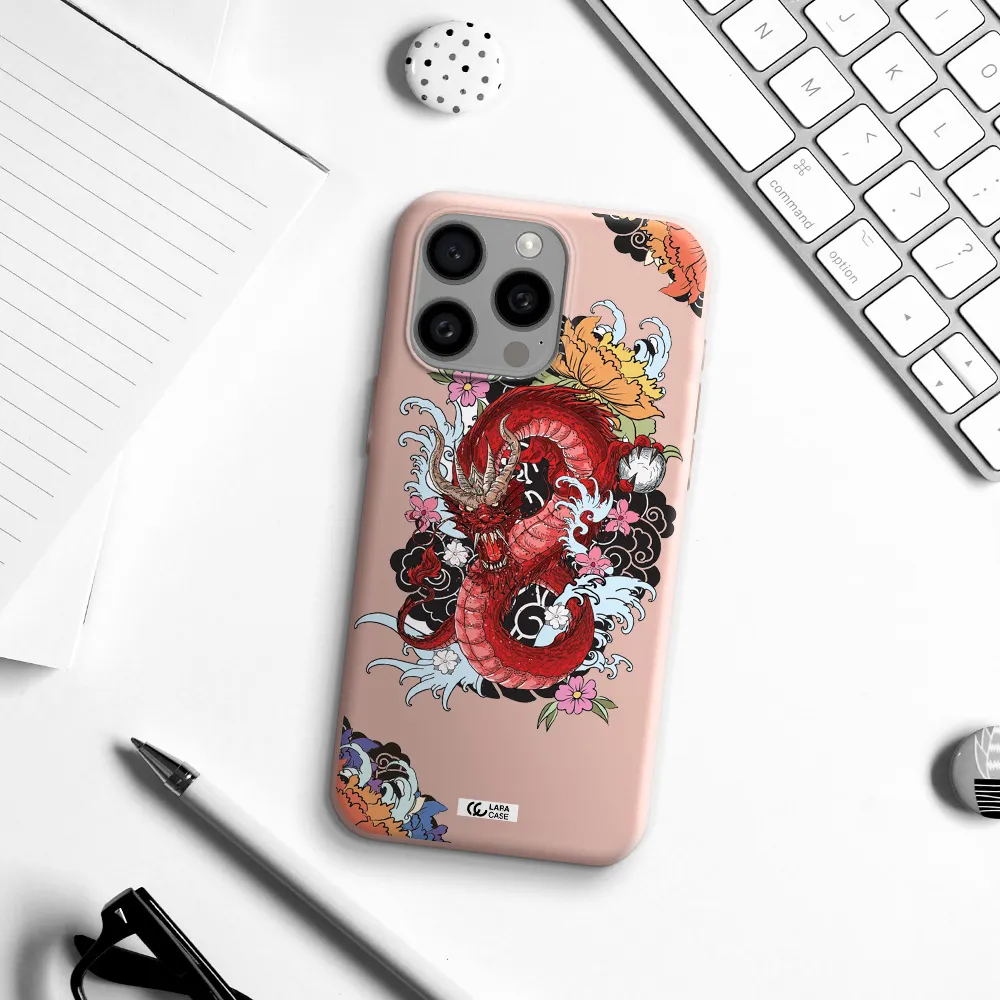 a red dragon with flowers and clouds Apple Iphone 15 Pro max Silicone pastel pink Case