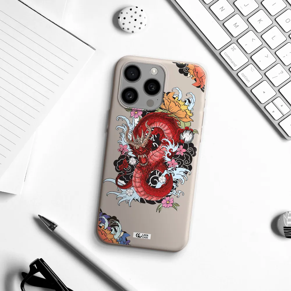 a red dragon with flowers and clouds Apple Iphone 15 Pro max Silicone Stone Case