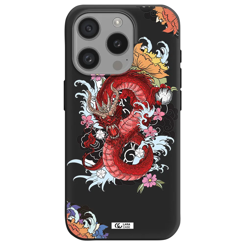 A Red Dragon With Flowers And Clouds Apple Iphone 15 Pro Silicone Black Case