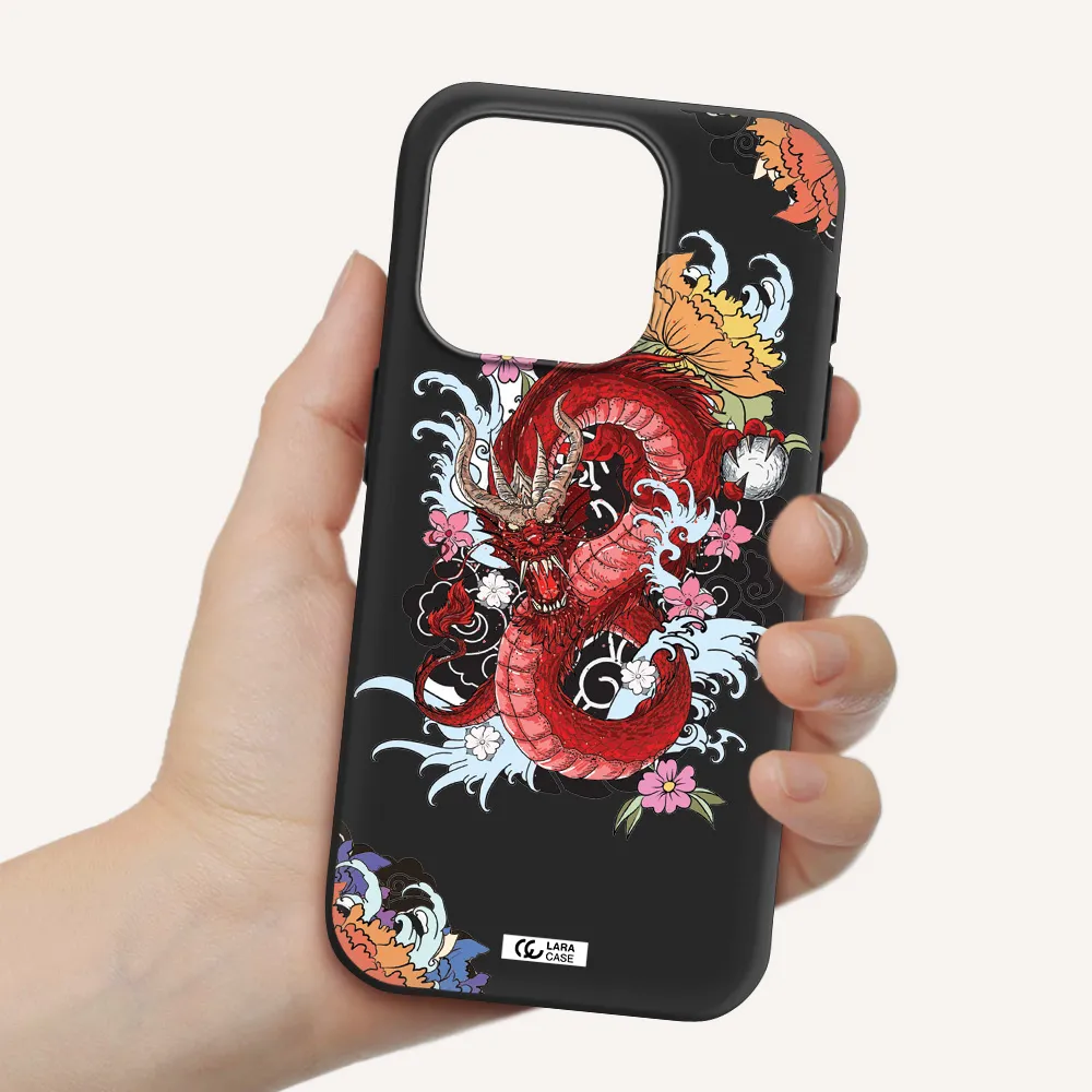 A Red Dragon With Flowers And Clouds Apple Iphone 15 Pro Silicone Black Case