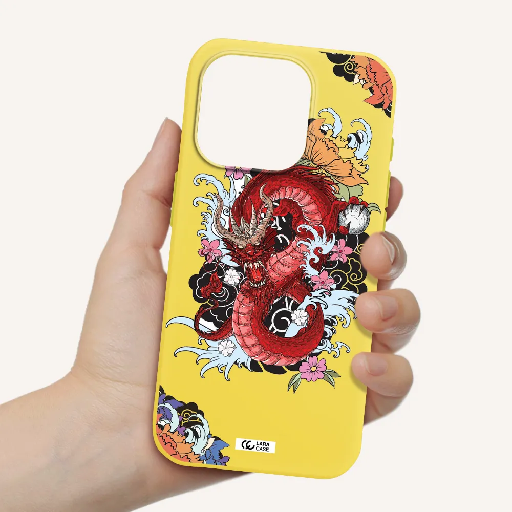 A Red Dragon With Flowers And Clouds Apple Iphone 15 Pro Silicone Canary Yellow Case