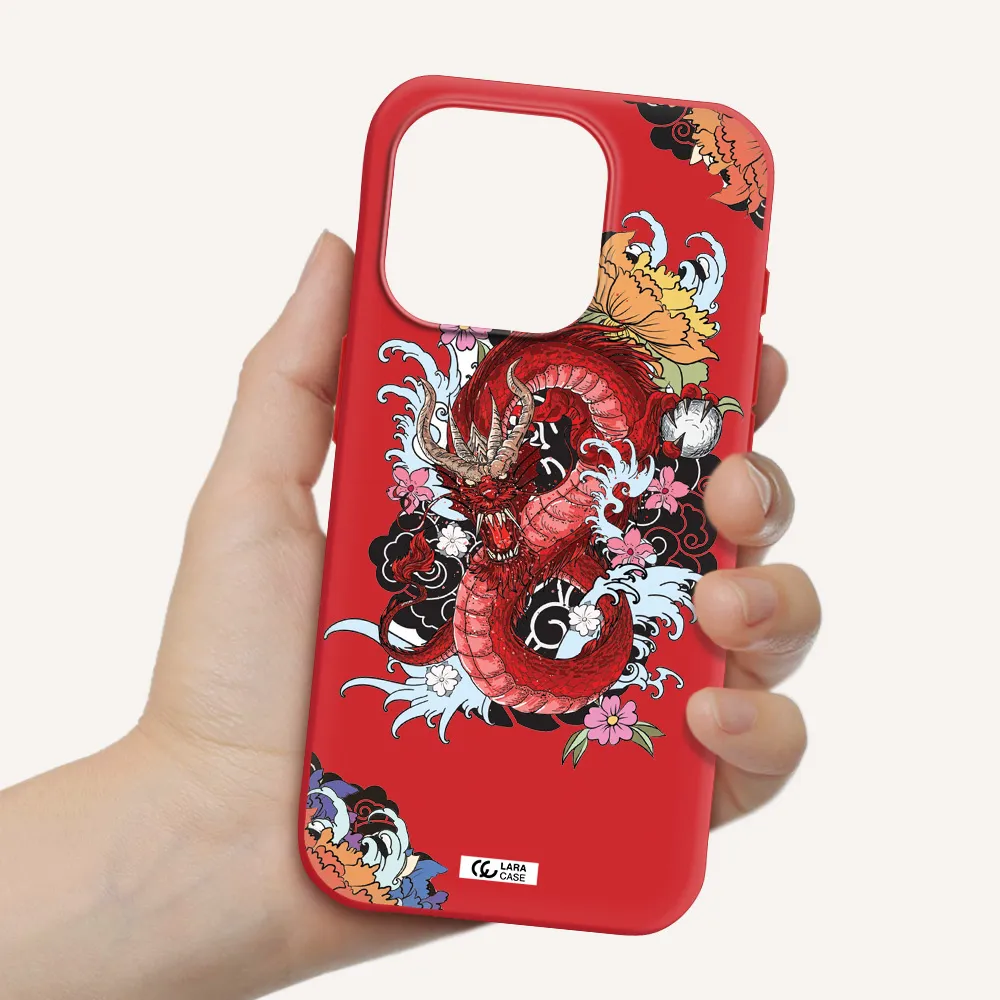 A Red Dragon With Flowers And Clouds Apple Iphone 15 Pro Silicone Imperial Red Case