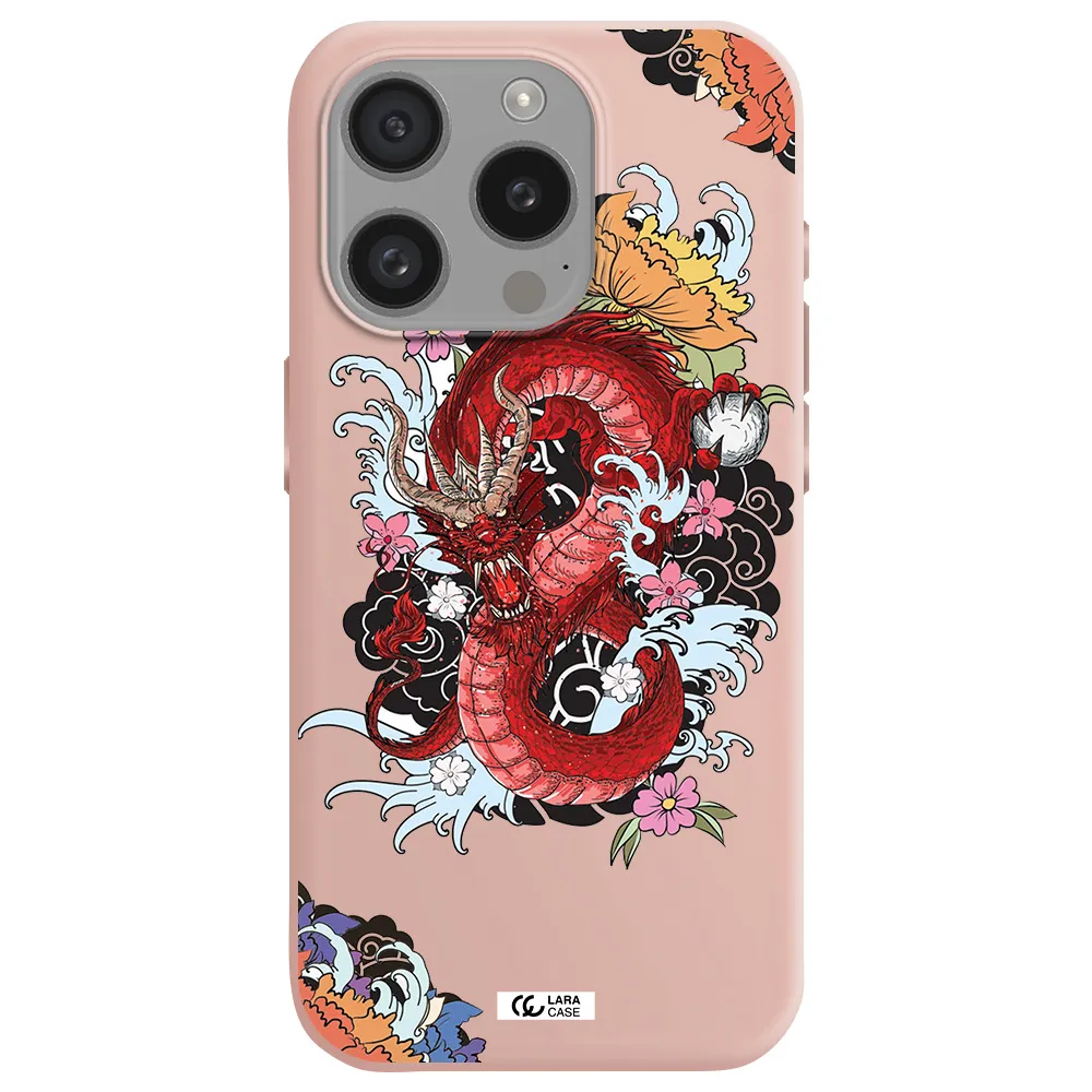 A Red Dragon With Flowers And Clouds Apple Iphone 15 Pro Silicone Pastel Pink Case