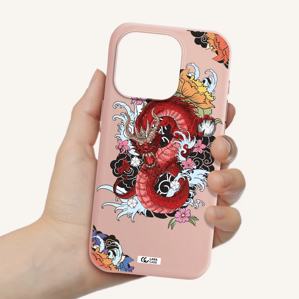 A Red Dragon With Flowers And Clouds Apple Iphone 15 Pro Silicone Pastel Pink Case