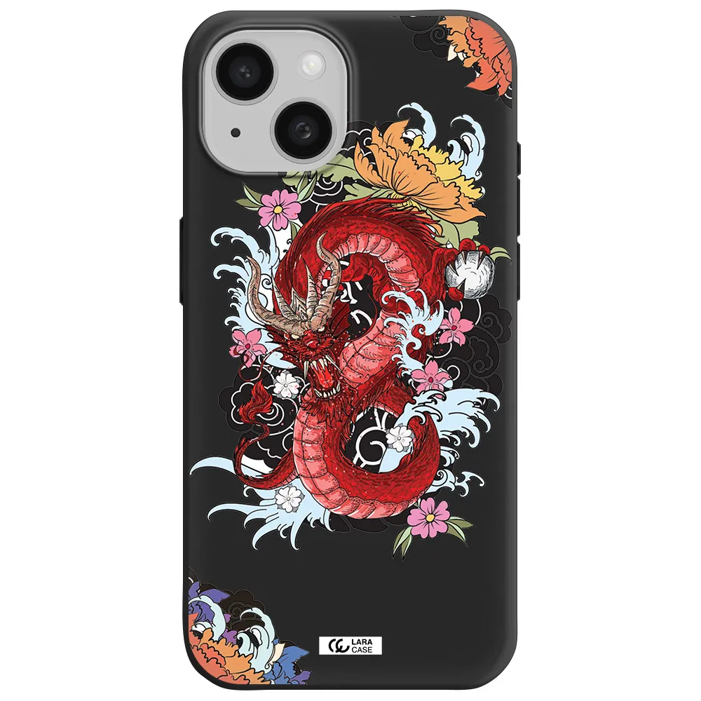 a red dragon with flowers and clouds Apple iPhone 15 Silicone black Case