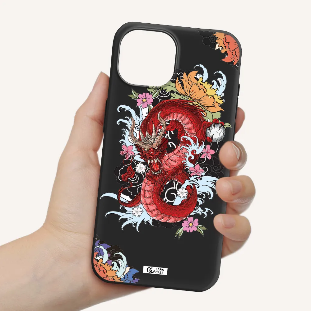 a red dragon with flowers and clouds Apple iPhone 15 Silicone black Case