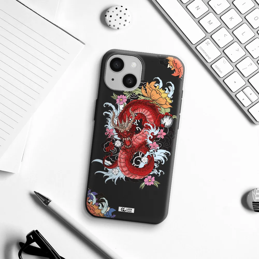 a red dragon with flowers and clouds Apple iPhone 15 Silicone black Case