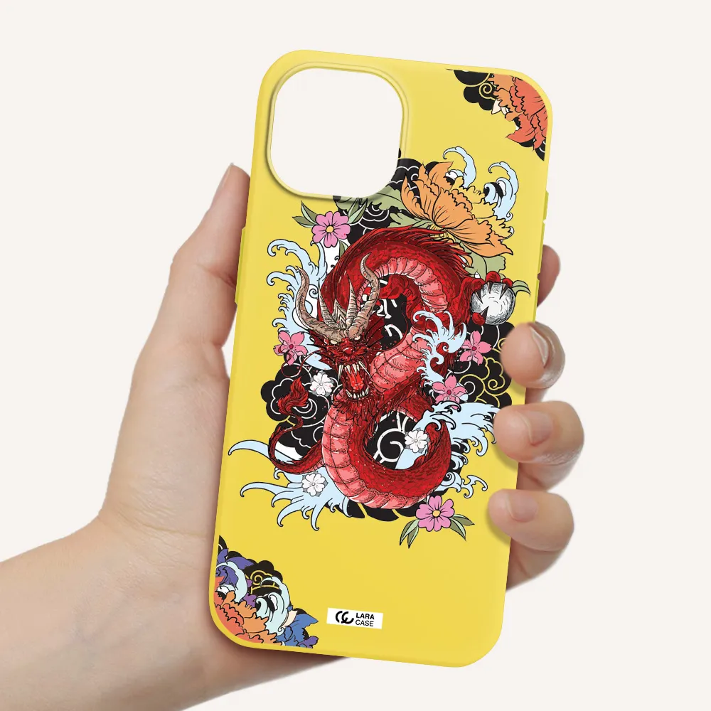 a red dragon with flowers and clouds Apple iPhone 15 Silicone canary yellow Case