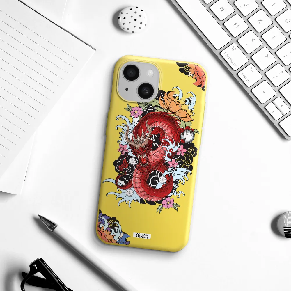 a red dragon with flowers and clouds Apple iPhone 15 Silicone canary yellow Case