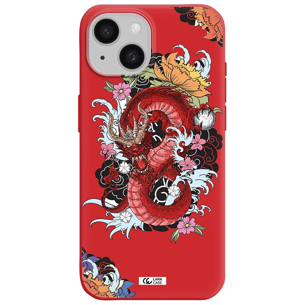A Red Dragon With Flowers And Clouds Apple Iphone 15 Silicone Imperial Red Case