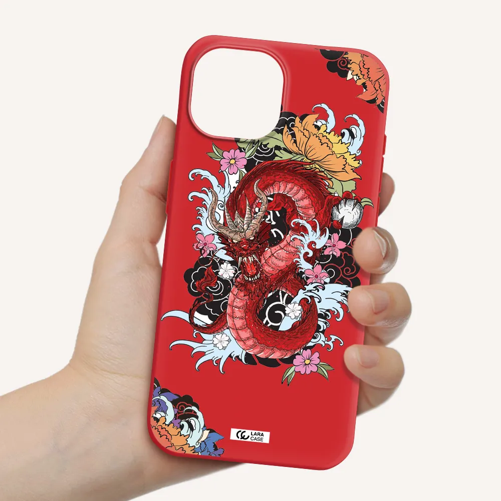 A Red Dragon With Flowers And Clouds Apple Iphone 15 Silicone Imperial Red Case