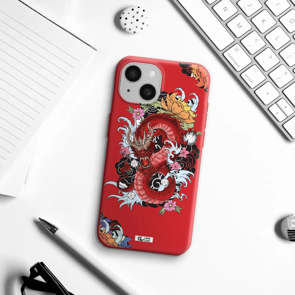 A Red Dragon With Flowers And Clouds Apple Iphone 15 Silicone Imperial Red Case