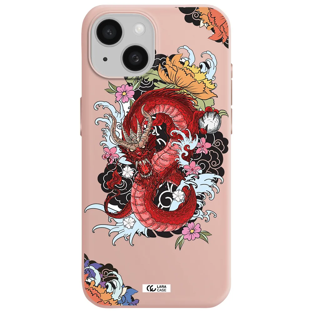A Red Dragon With Flowers And Clouds Apple Iphone 15 Silicone Pastel Pink Case