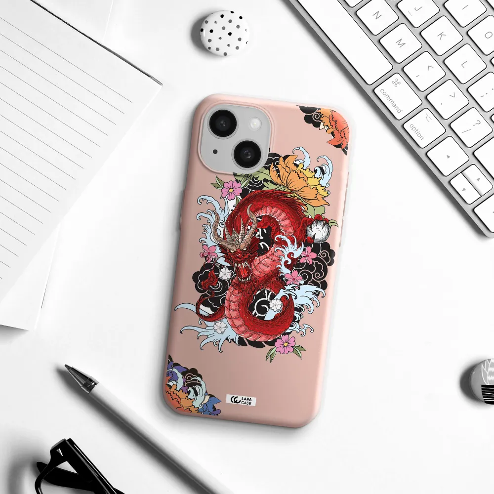 A Red Dragon With Flowers And Clouds Apple Iphone 15 Silicone Pastel Pink Case