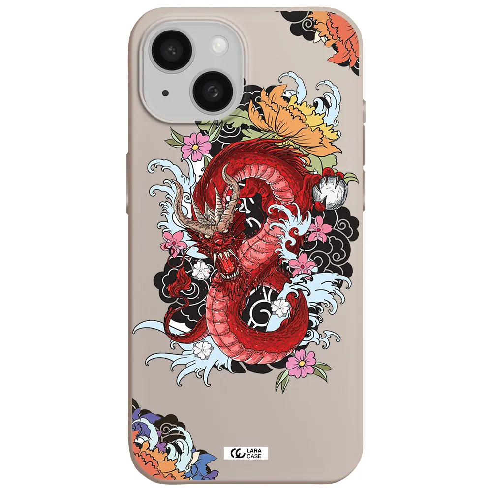 a red dragon with flowers and clouds Apple iPhone 15 Silicone Stone Case