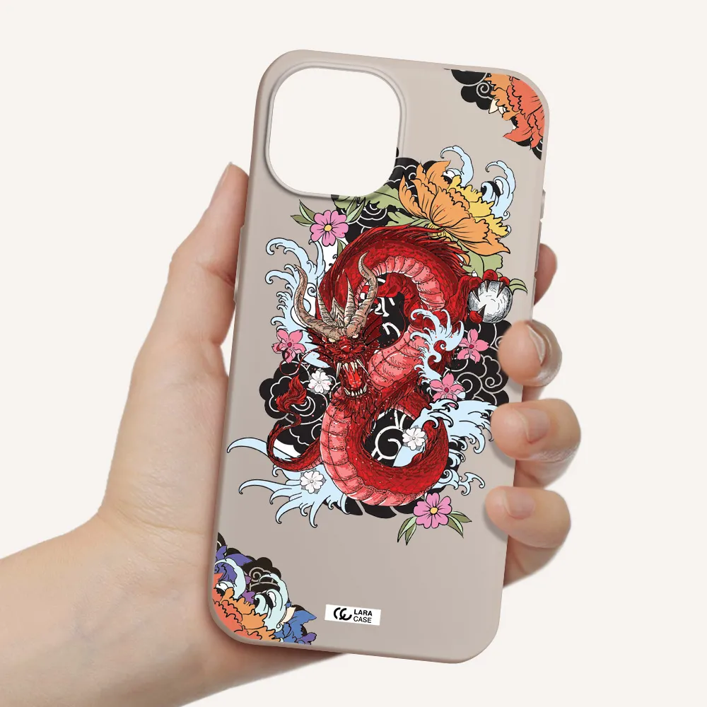 a red dragon with flowers and clouds Apple iPhone 15 Silicone Stone Case