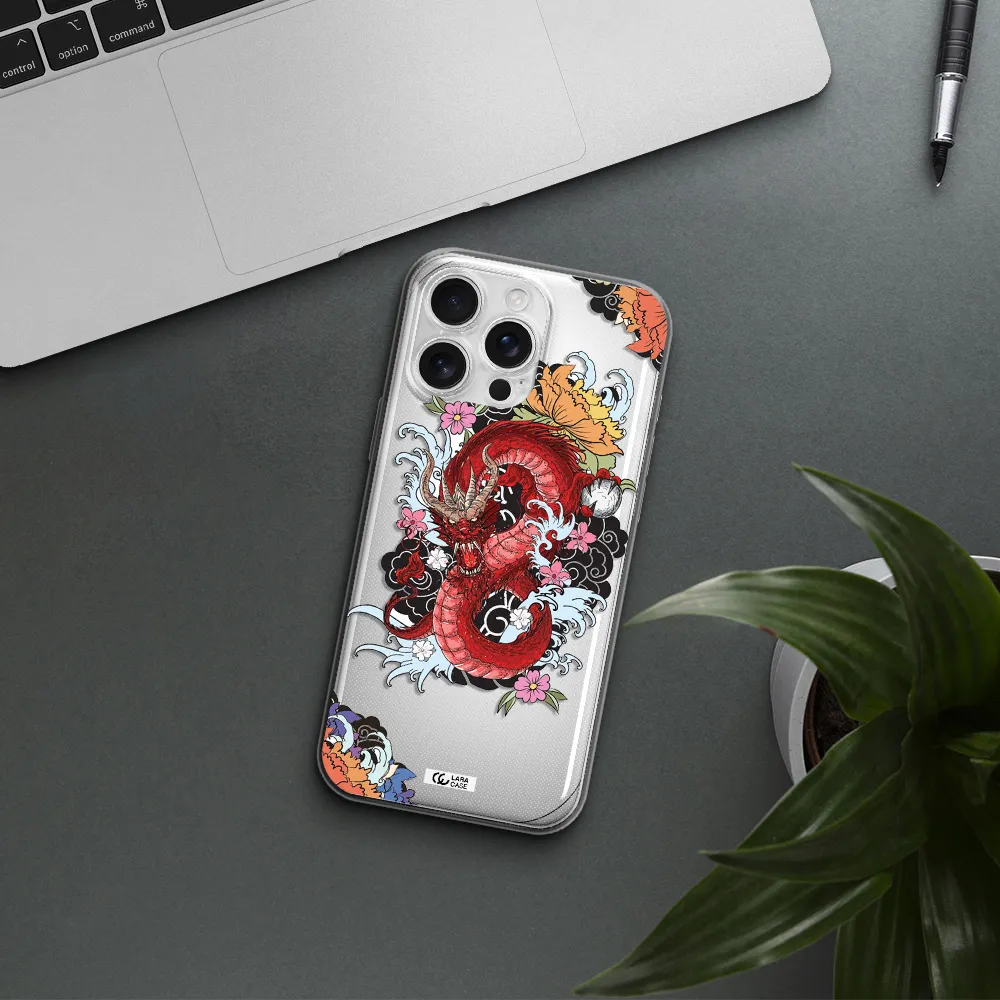 A Red Dragon With Flowers And Clouds Apple Iphone 16 Pro Max Clear Tpu Case