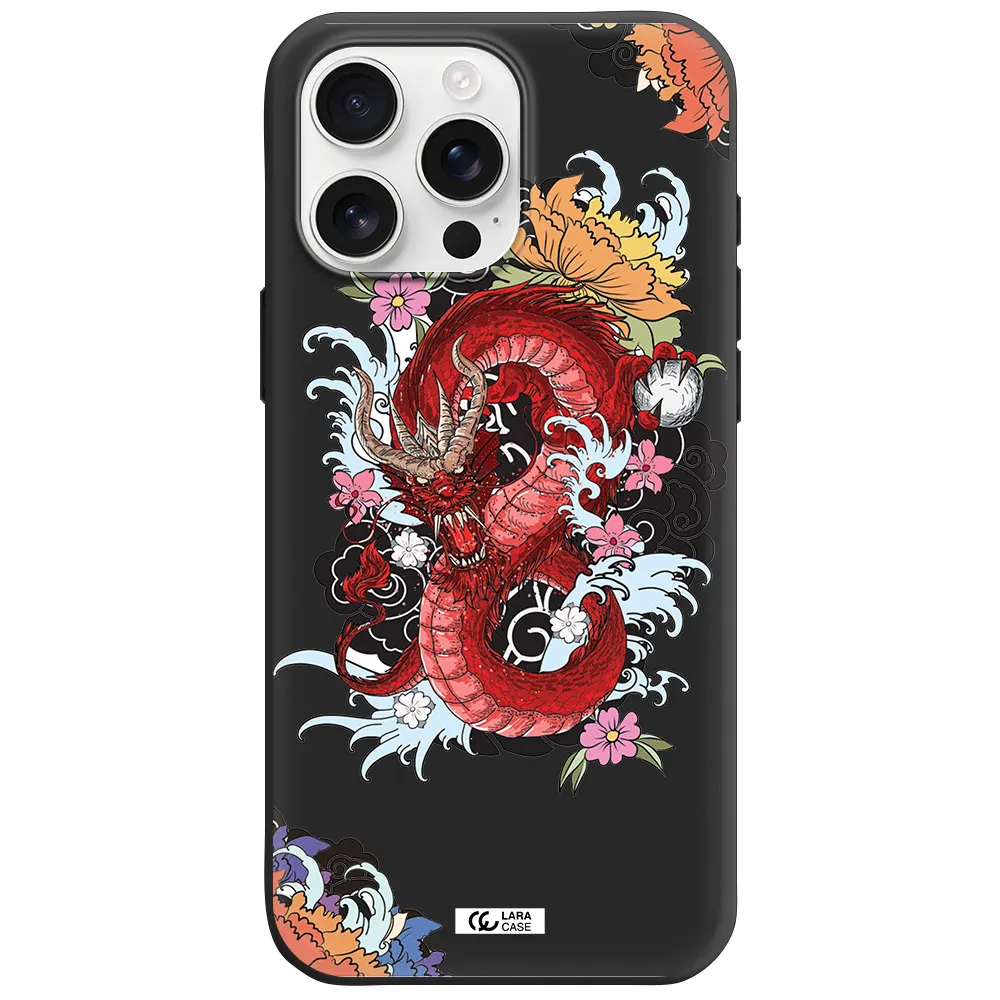 A Red Dragon With Flowers And Clouds Apple Iphone 16 Pro Max Silicone Black Case