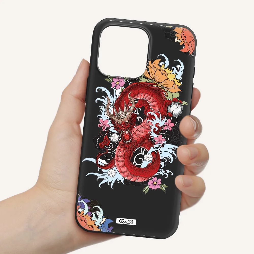 A Red Dragon With Flowers And Clouds Apple Iphone 16 Pro Max Silicone Black Case