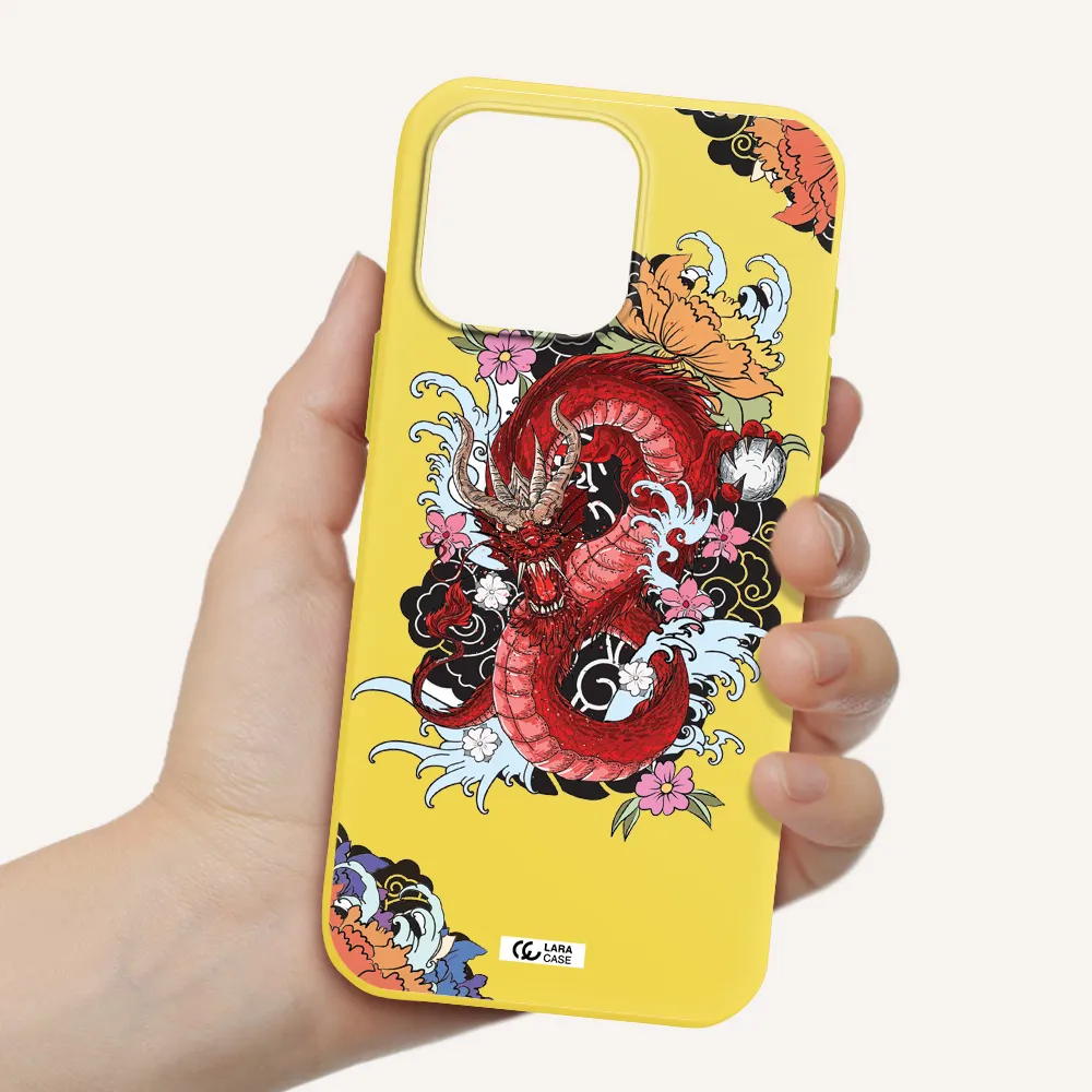 A Red Dragon With Flowers And Clouds Apple Iphone 16 Pro Max Silicone Canary Yellow Case
