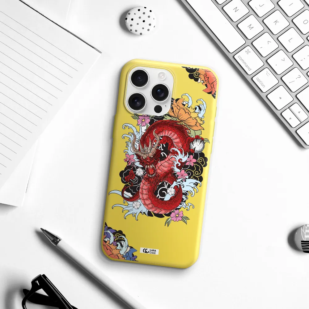 A Red Dragon With Flowers And Clouds Apple Iphone 16 Pro Max Silicone Canary Yellow Case