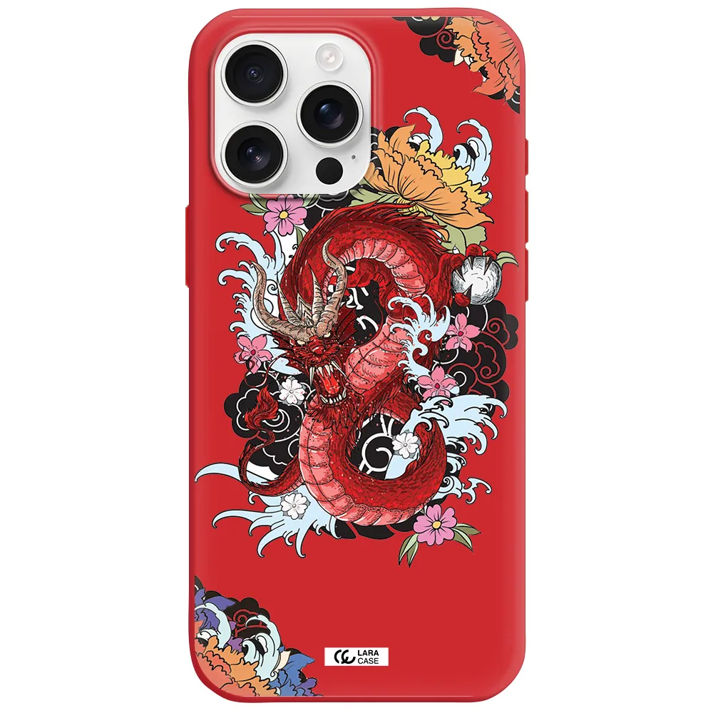 A Red Dragon With Flowers And Clouds Apple Iphone 16 Pro Max Silicone Imperial Red Case