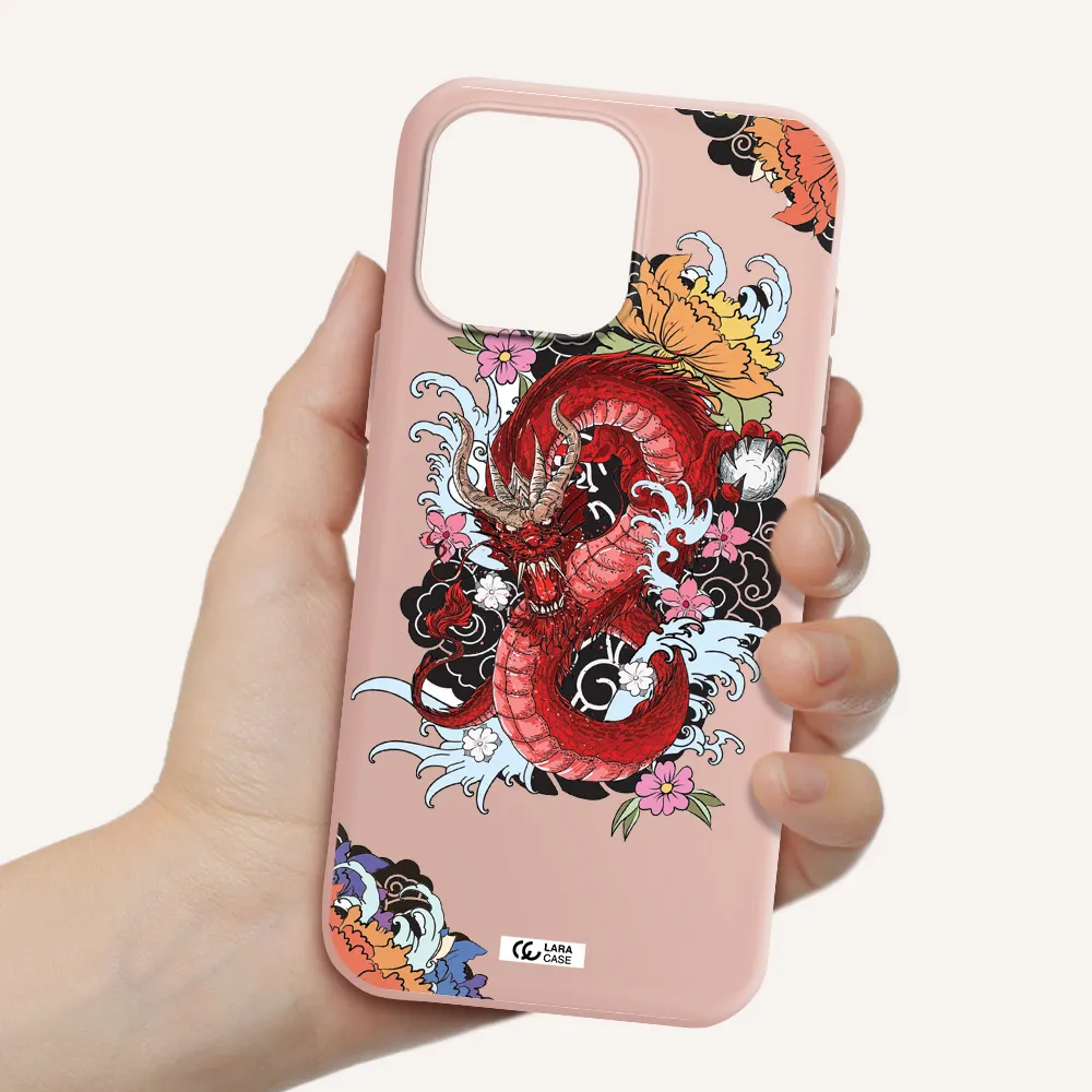 A Red Dragon With Flowers And Clouds Apple Iphone 16 Pro Max Silicone Pastel Pink Case