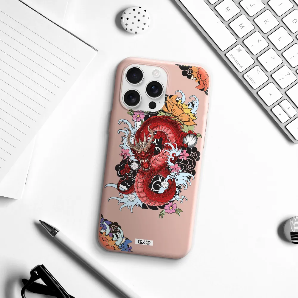 A Red Dragon With Flowers And Clouds Apple Iphone 16 Pro Max Silicone Pastel Pink Case